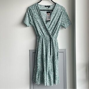 TRENDYOL White Flowers Green Ribbed Faux Wrap Dress with Ruffles on the Bottom